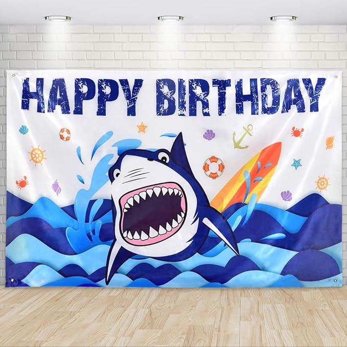 wernnsai 鲨鱼生日派对装饰 73 英寸 x 43 英寸 - 蓝色海洋主题派对